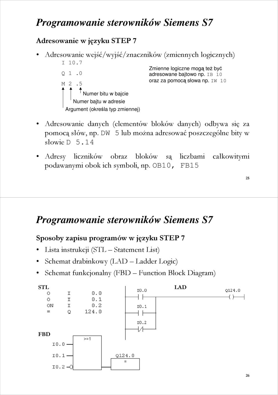 IW Adresowanie danych (elementów bloków danych) odbywa się za pomocą słów, np. DW 5 lub moŝna adresować poszczególne bity w słowie D 5.