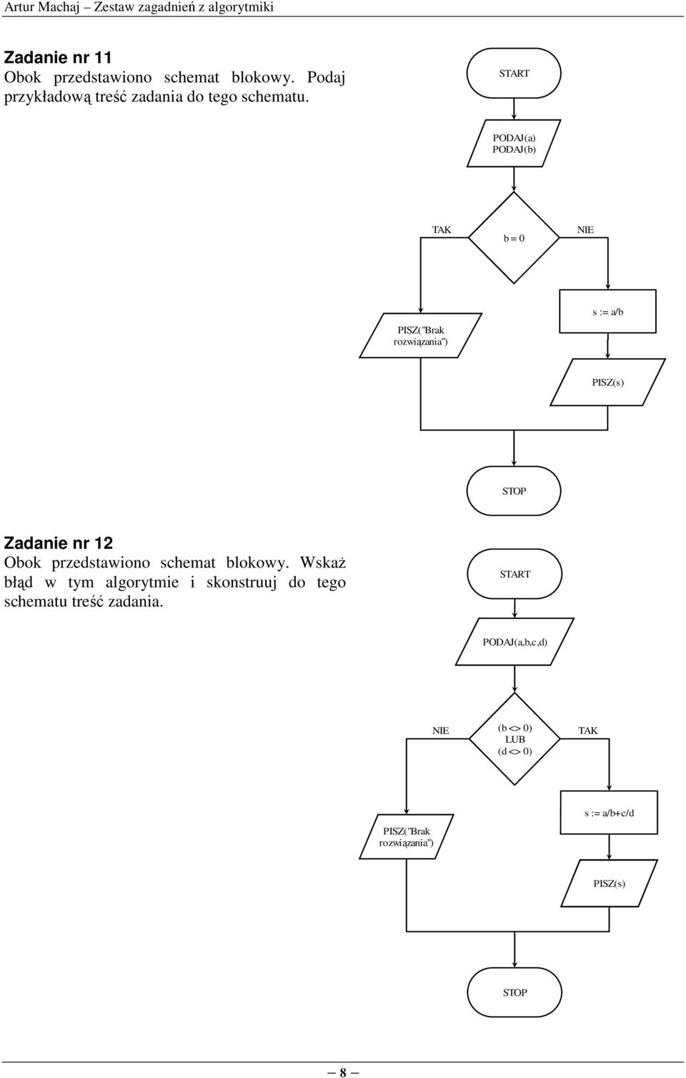 PODAJ(a) PODAJ(b) b = 0 PISZ("Brak rozwiązania") s := a/b Zadanie nr 12 Obok przedstawiono.