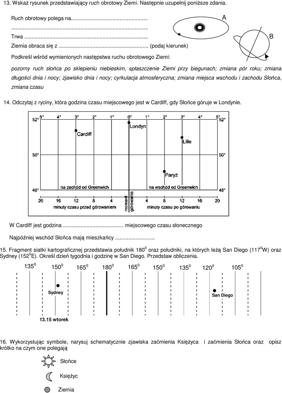 dnia i nocy; zjawisko dnia i nocy; cyrkulacja atmosferyczna; zmiana miejsca wschodu i zachodu Słońca, zmiana czasu 14.