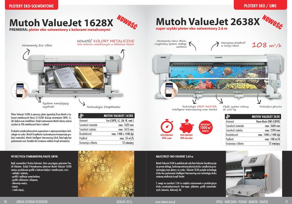 Technologia DropMaster Technologie DROP MASTER, Intelligent Interweaving oraz Vardot Ciężki system rolowy do 100 kg Podwójna głowica Ploter ValueJet 1628X to pierwszy ploter japońskiej firmy Mutoh z