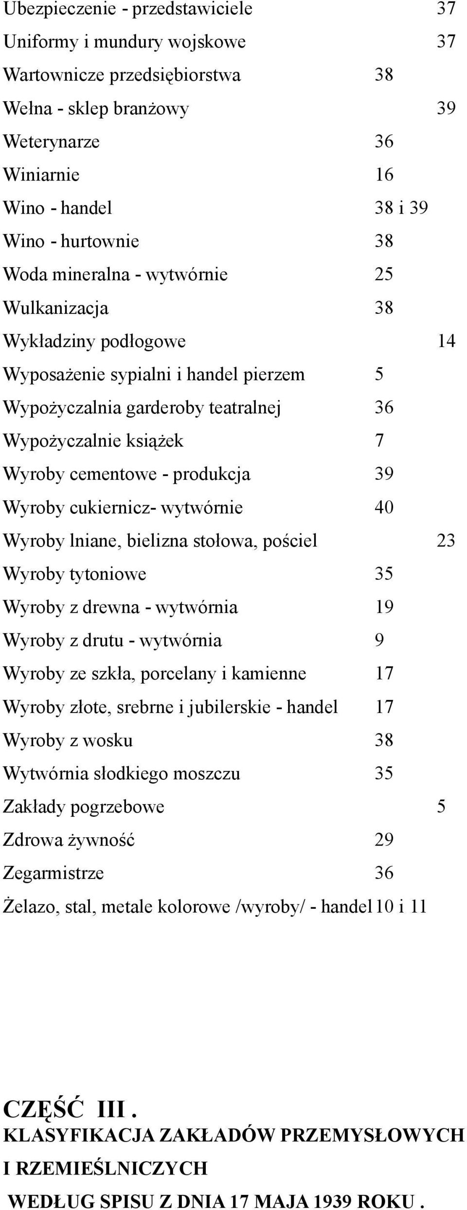 Wyroby cukiernicz- wytwórnie 40 Wyroby lniane, bielizna stołowa, pościel 23 Wyroby tytoniowe 35 Wyroby z drewna - wytwórnia 19 Wyroby z drutu - wytwórnia 9 Wyroby ze szkła, porcelany i kamienne 17