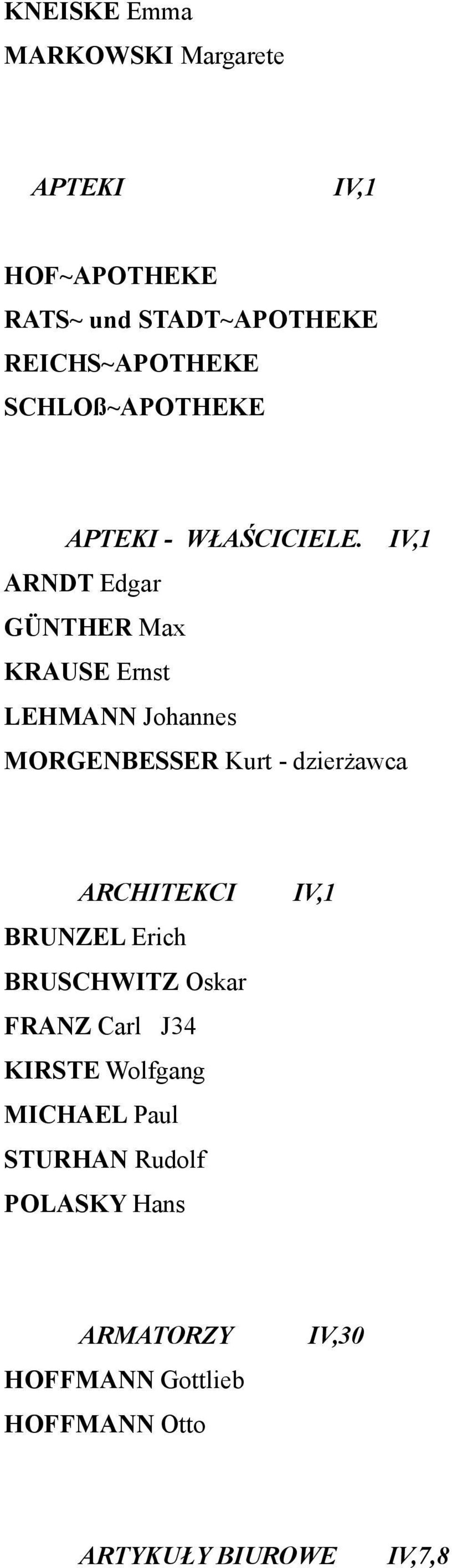 IV,1 ARNDT Edgar GÜNTHER Max KRAUSE Ernst LEHMANN Johannes MORGENBESSER Kurt - dzierżawca ARCHITEKCI