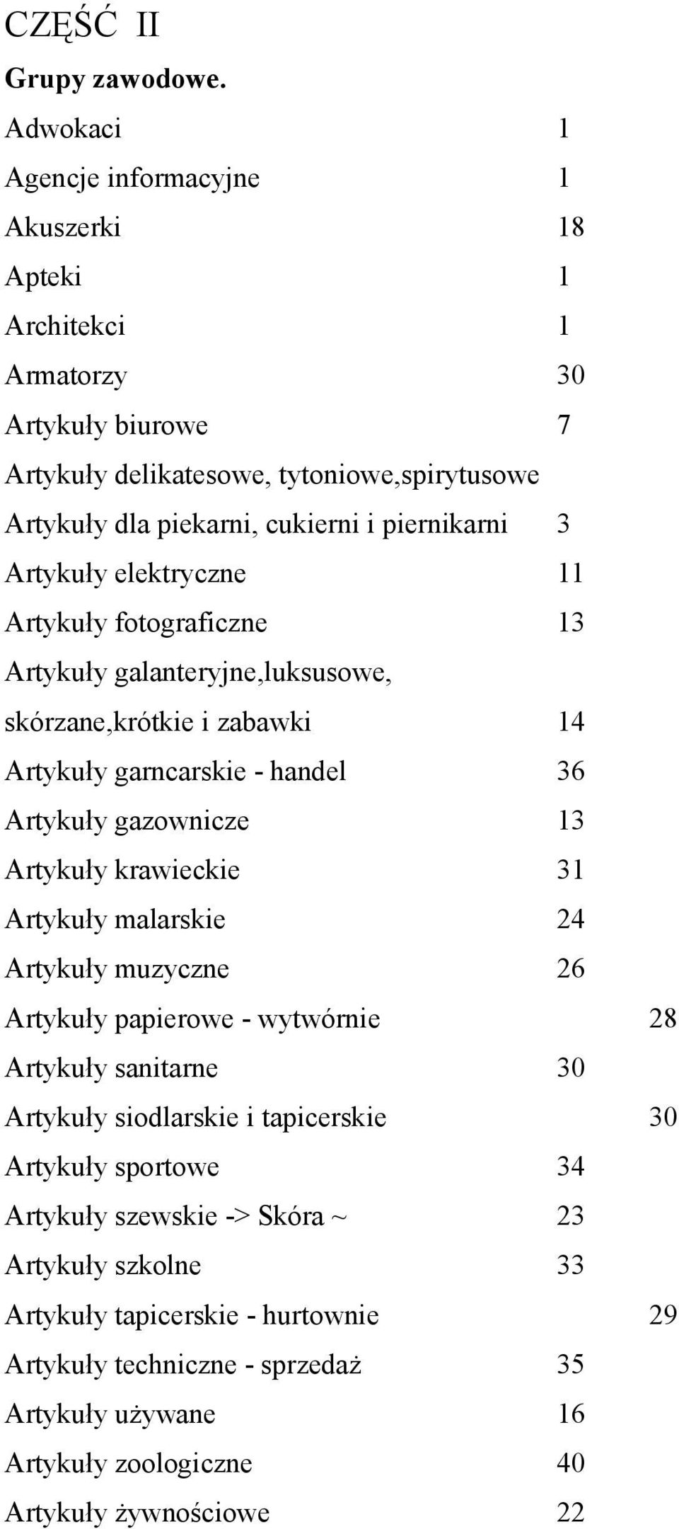 piernikarni 3 Artykuły elektryczne 11 Artykuły fotograficzne 13 Artykuły galanteryjne,luksusowe, skórzane,krótkie i zabawki 14 Artykuły garncarskie - handel 36 Artykuły gazownicze 13