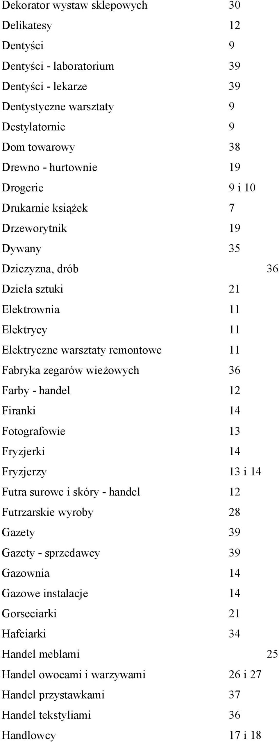 Fabryka zegarów wieżowych 36 Farby - handel 12 Firanki 14 Fotografowie 13 Fryzjerki 14 Fryzjerzy 13 i 14 Futra surowe i skóry - handel 12 Futrzarskie wyroby 28 Gazety 39 Gazety -