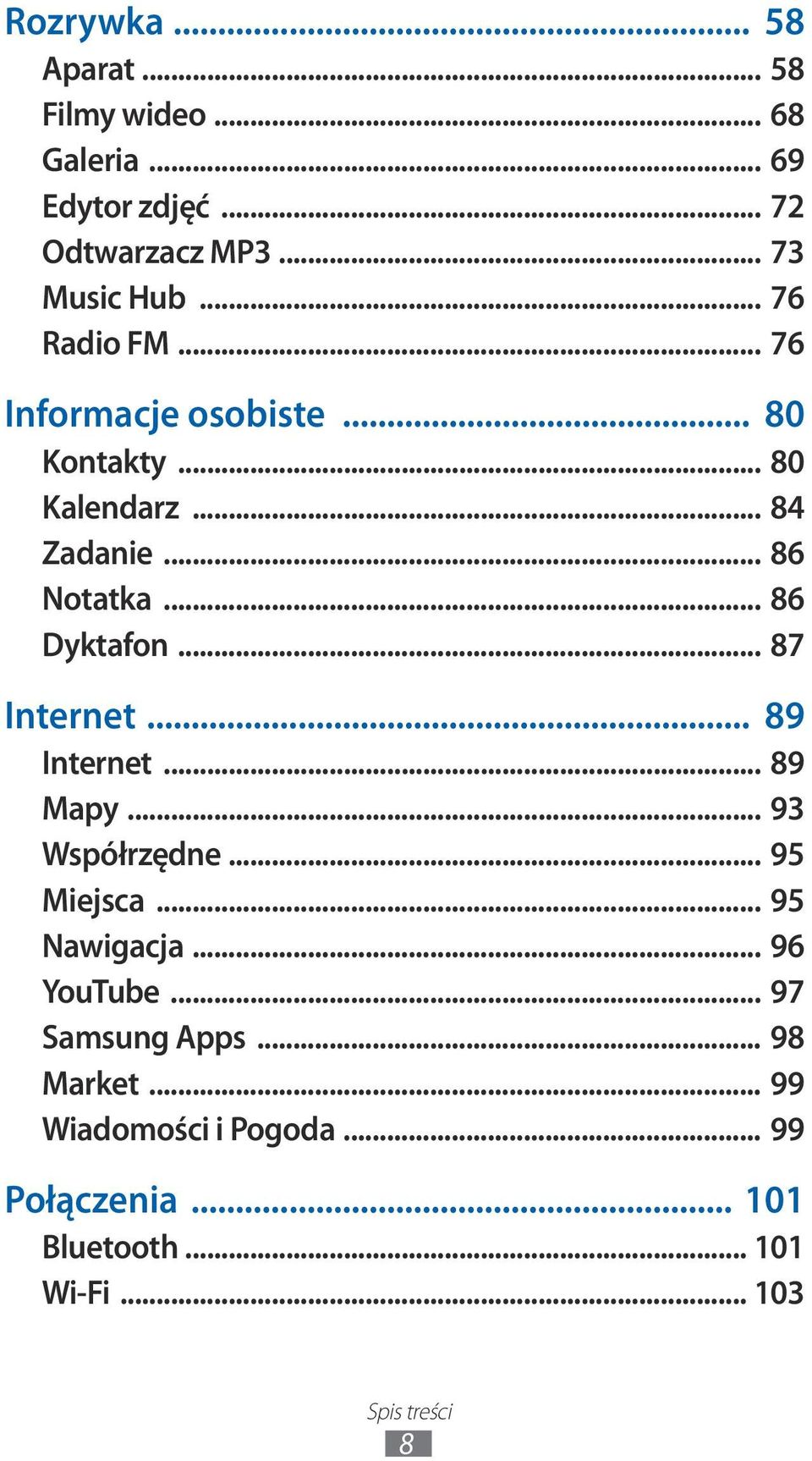 .. 87 Internet... 89 Internet... 89 Mapy... 93 Współrzędne... 95 Miejsca... 95 Nawigacja... 96 YouTube.
