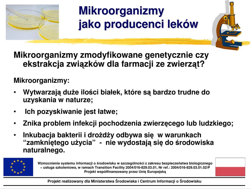 Mikroorganizmy: Wytwarzają duŝe ilości białek, które są bardzo trudne do uzyskania w naturze; Ich