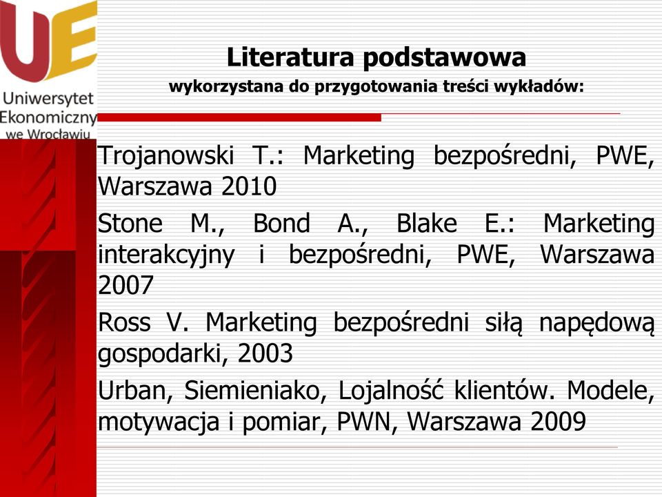 : Marketing interakcyjny i bezpośredni, PWE, Warszawa 2007 Ross V.