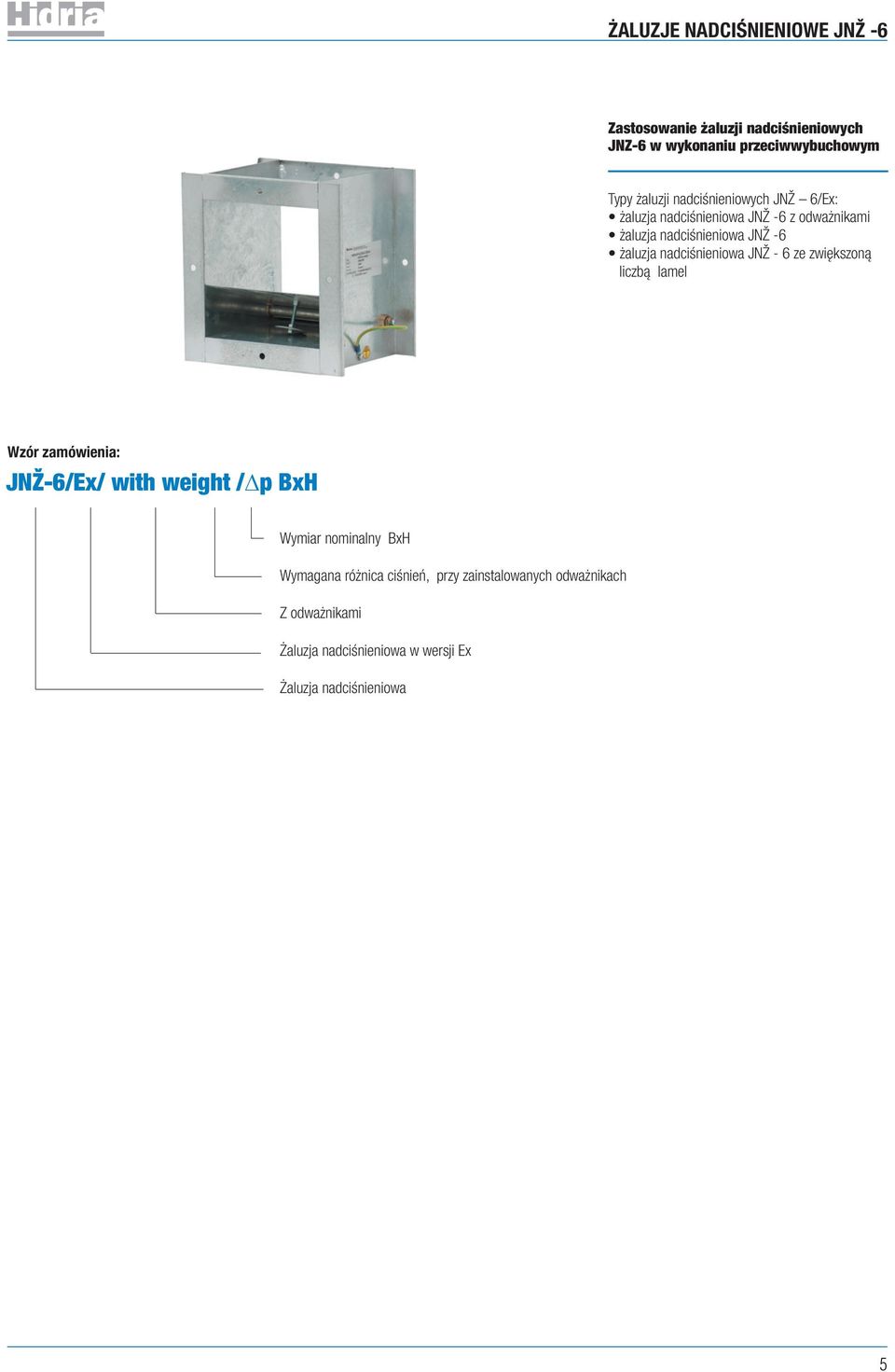 nadciśnieniowa JNŽ - 6 ze zwiększoną liczbą lamel Wzór zamówienia: JNŽ-6/Ex/ with weight /Δp BxH Wymiar nominalny BxH