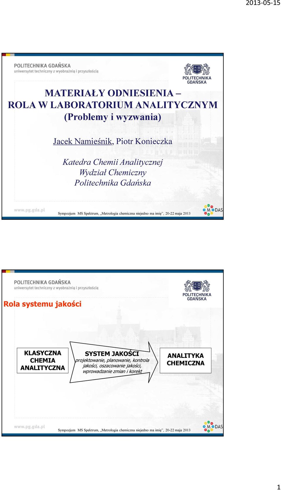 Gdańska Rola systemu jakości KLASYCZNA CHEMIA ANALITYCZNA SYSTEM JAKOŚCI projektowanie,