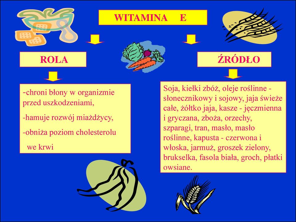 świeże całe, żółtko jaja, kasze - jęczmienna i gryczana, zboża, orzechy, szparagi, tran, masło, masło