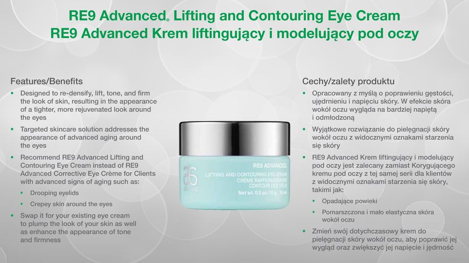 RE9 Advanced Corrective Eye Crème for Clients with advanced signs of aging such as: Drooping eyelids Crepey skin around the eyes Swap it for your existing eye cream to plump the look of your skin as