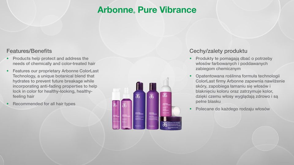 for all hair types Produkty te pomagają dbać o potrzeby włosów farbowanych i poddawanych zabiegom chemicznym Opatentowana roślinna formuła technologii ColorLast firmy Arbonne