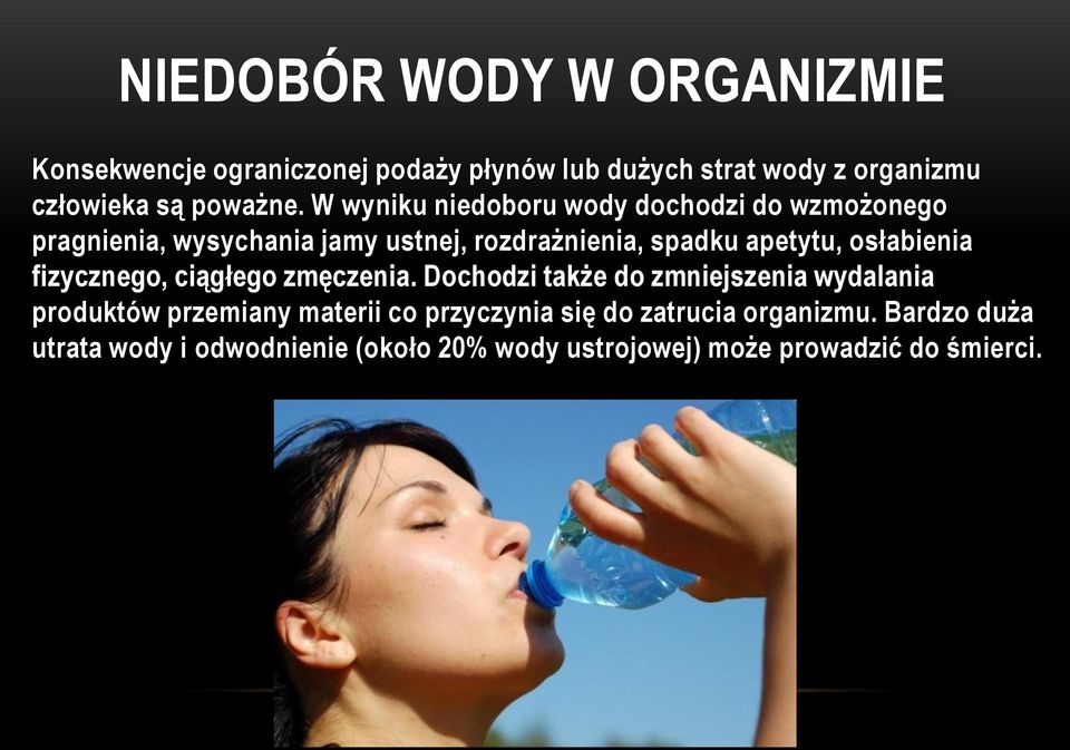 W wyniku niedoboru wody dochodzi do wzmożonego pragnienia, wysychania jamy ustnej, rozdrażnienia, spadku apetytu,