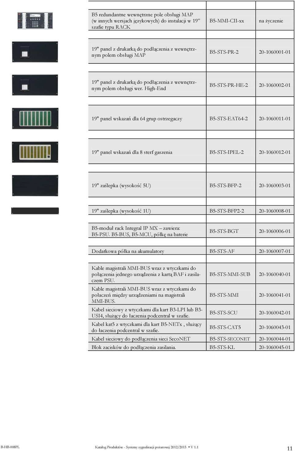 High-End B5-STS-PR-HE-2 20-1060002-01 19" panel wskazań dla 64 grup ostrzegaczy B5-STS-EAT64-2 20-1060011-01 19" panel wskazań dla 8 sterf gaszenia B5-STS-IPEL-2 20-1060012-01 19" zaślepka (wysokość