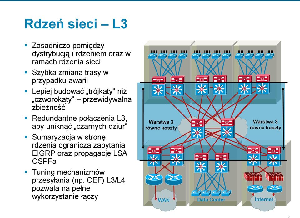 dziur Sumaryzacja w stronę rdzenia ogranicza zapytania EIGRP oraz propagację LSA OSPFa Tuning mechanizmów przesyłania