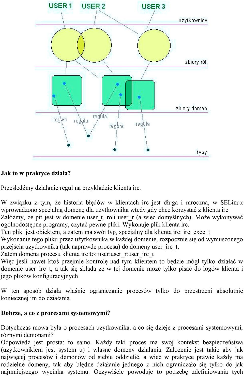 Załóżmy, że pit jest w domenie user_t, roli user_r (a więc domyślnych). Może wykonywać ogólnodostępne programy, czytać pewne pliki. Wykonuje plik klienta irc.