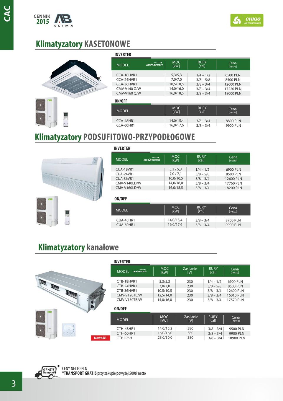 10,0/10,5 14,0/16,0 16,0/18,5 3/8 5/8 6900 PLN 8500 PLN 12600 PLN 17760 PLN 18200 PLN ON/OFF CUA-48HR1 CUA-60HR1 14,0/15,4 16,0/17,6 8700 PLN 9900 PLN Klimatyzatory kanałowe INVERTER Zasilanie [V]