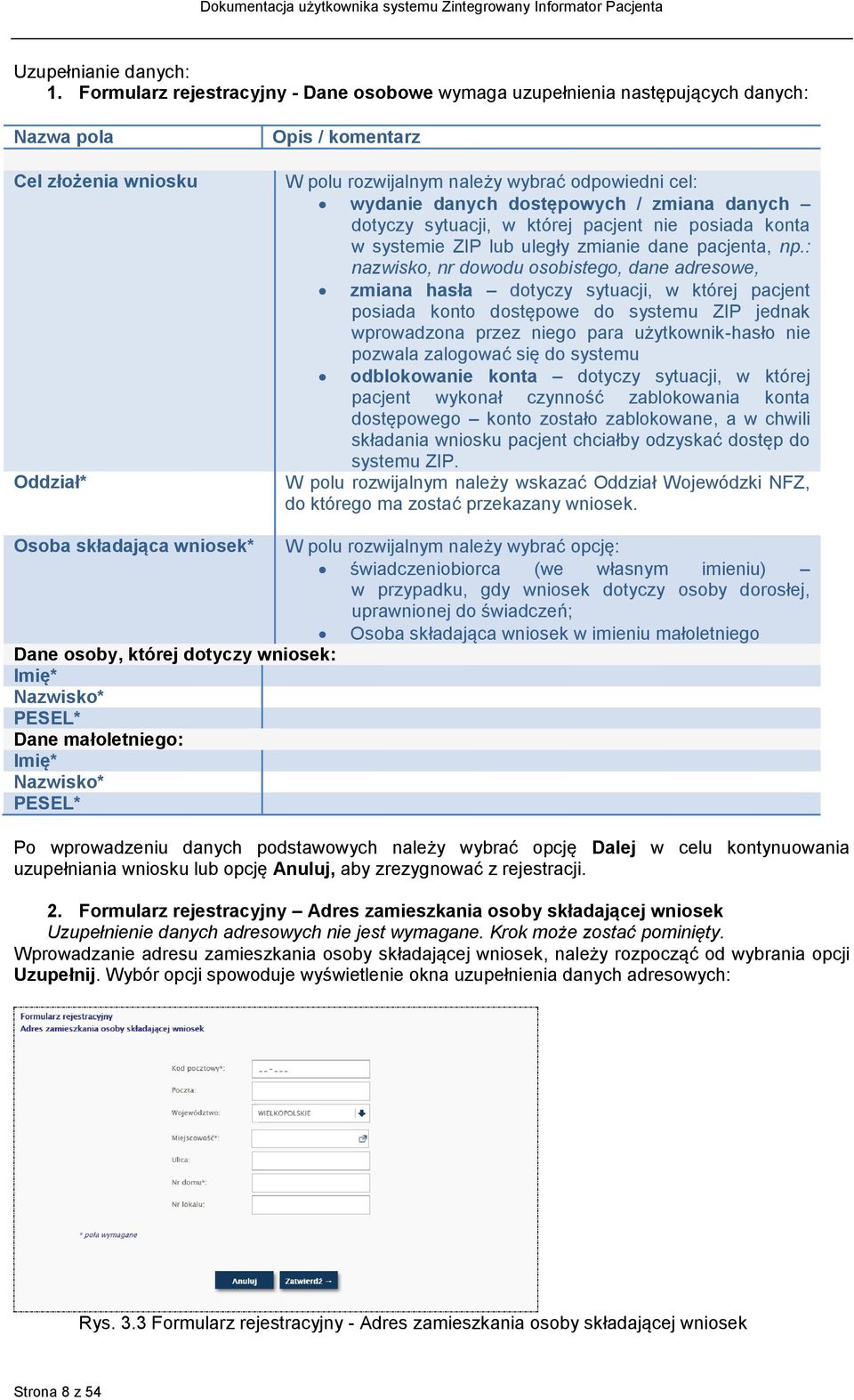 danych dostępowych / zmiana danych dotyczy sytuacji, w której pacjent nie posiada konta w systemie ZIP lub uległy zmianie dane pacjenta, np.