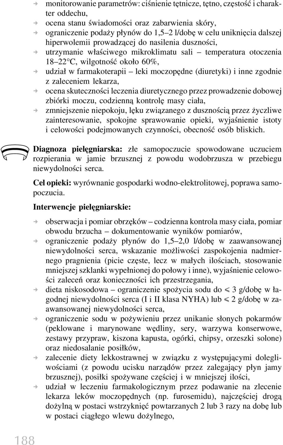 inne zgodnie z zaleceniem lekarza, ocena skuteczności leczenia diuretycznego przez prowadzenie dobowej zbiórki moczu, codzienną kontrolę masy ciała, zmniejszenie niepokoju, lęku związanego z