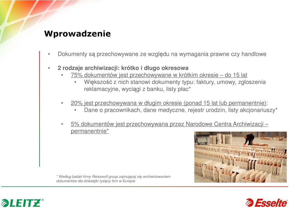 przechowywana w długim okresie (ponad 15 lat lub permanentnie): Dane o pracownikach, dane medyczne, rejestr urodzin, listy akcjonariuszy* 5% dokumentów jest