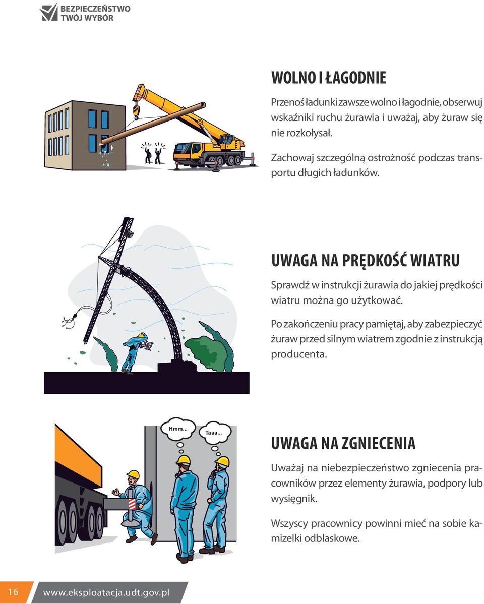 Uwaga na prędkość wiatru Sprawdź w instrukcji żurawia do jakiej prędkości wiatru można go użytkować.