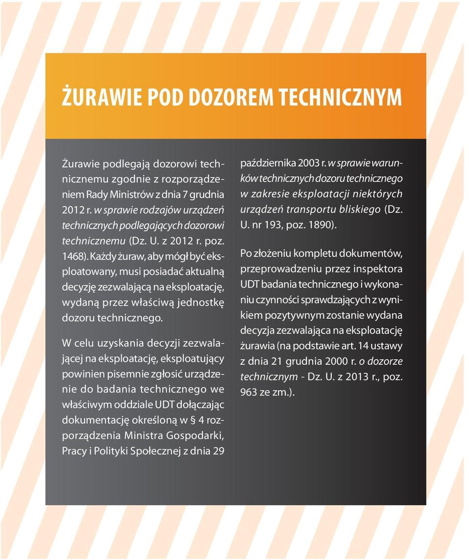 Każdy żuraw, aby mógł być eksploatowany, musi posiadać aktualną decyzję zezwalającą na eksploatację, wydaną przez właściwą jednostkę dozoru technicznego.