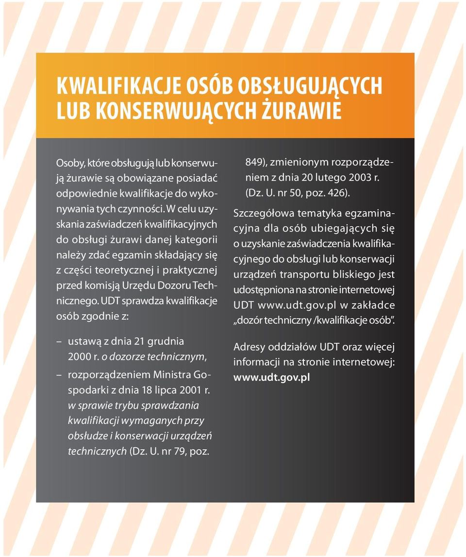 UDT sprawdza kwalifikacje osób zgodnie z: ustawą z dnia 21 grudnia 2000 r. o dozorze technicznym, rozporządzeniem Ministra Gospodarki z dnia 18 lipca 2001 r.