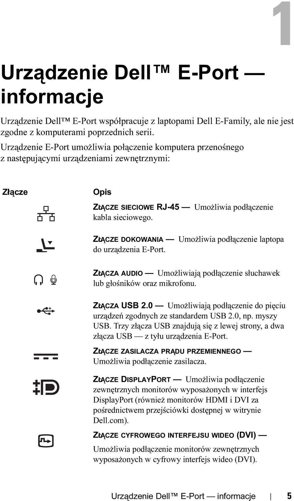 ZŁĄCZE DOKOWANIA Umożliwia podłączenie laptopa do urządzenia E-Port. ZŁĄCZA AUDIO Umożliwiają podłączenie słuchawek lub głośników oraz mikrofonu. ZŁĄCZA USB 2.