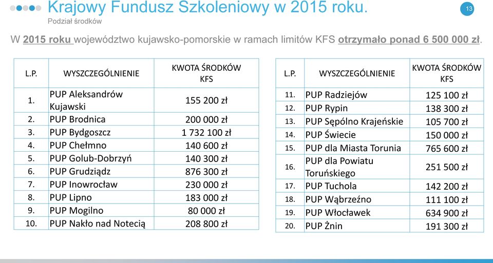 PUP Inowrocław 230 000 zł 8. PUP Lipno 183 000 zł 9. PUP Mogilno 80 000 zł 10. PUP Nakło nad Notecią 208 800 zł 11. PUP Radziejów 125 100 zł 12. PUP Rypin 138 300 zł 13.