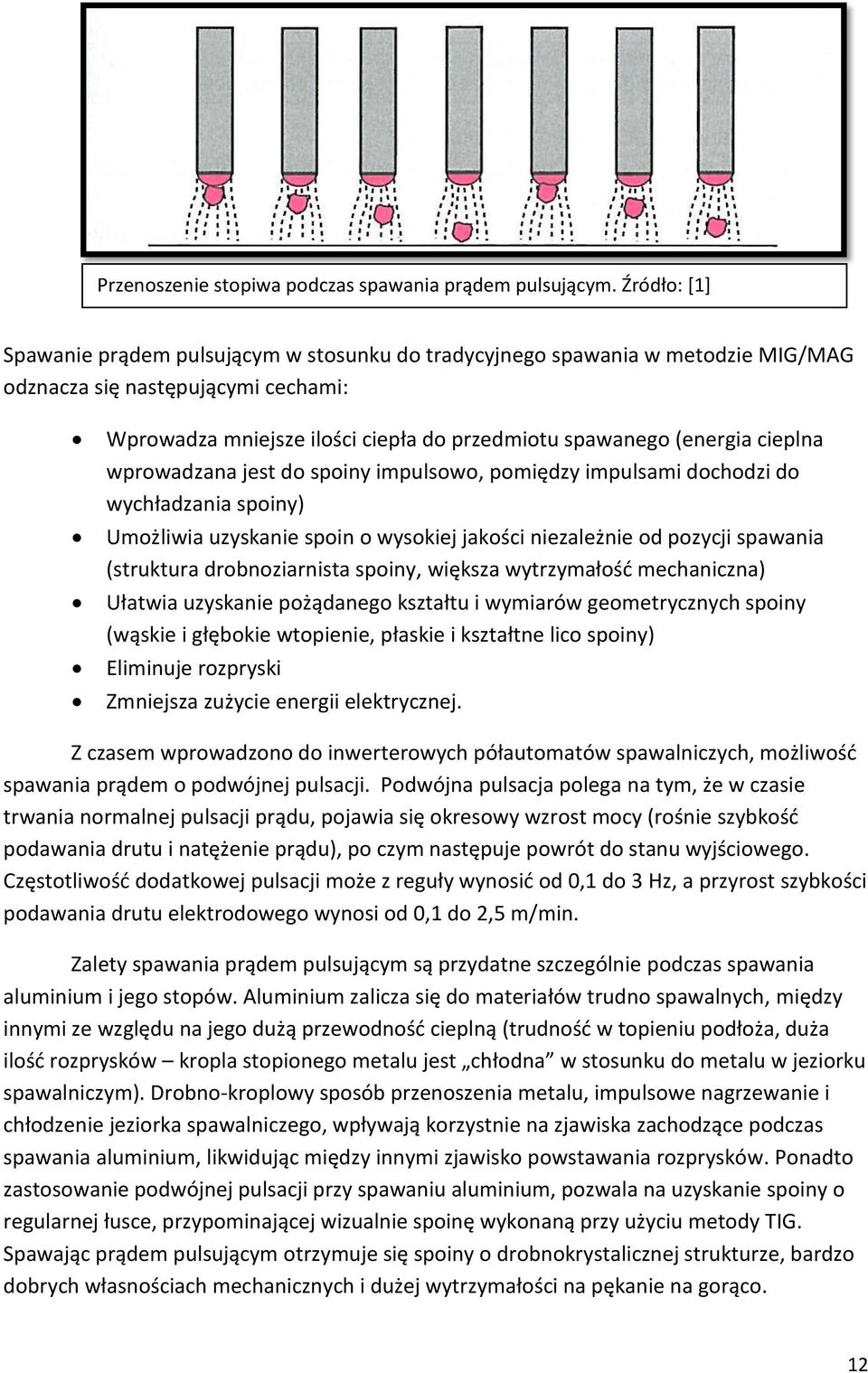 cieplna wprowadzana jest do spoiny impulsowo, pomiędzy impulsami dochodzi do wychładzania spoiny) Umożliwia uzyskanie spoin o wysokiej jakości niezależnie od pozycji spawania (struktura