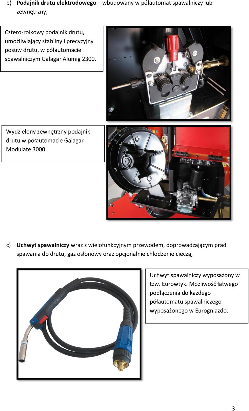 Wydzielony zewnętrzny podajnik drutu w półautomacie Galagar Modulate 3000 c) Uchwyt spawalniczy wraz z wielofunkcyjnym przewodem,