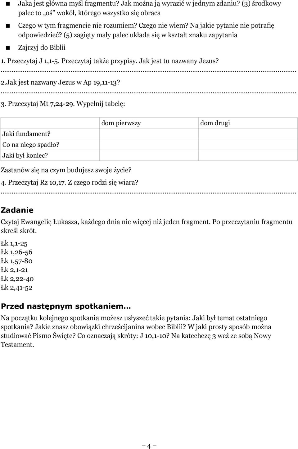 2.Jak jest nazwany Jezus w Ap 19,11-13? 3. Przeczytaj Mt 7,24-29. Wypełnij tabelę: Jaki fundament? Co na niego spadło? Jaki był koniec?