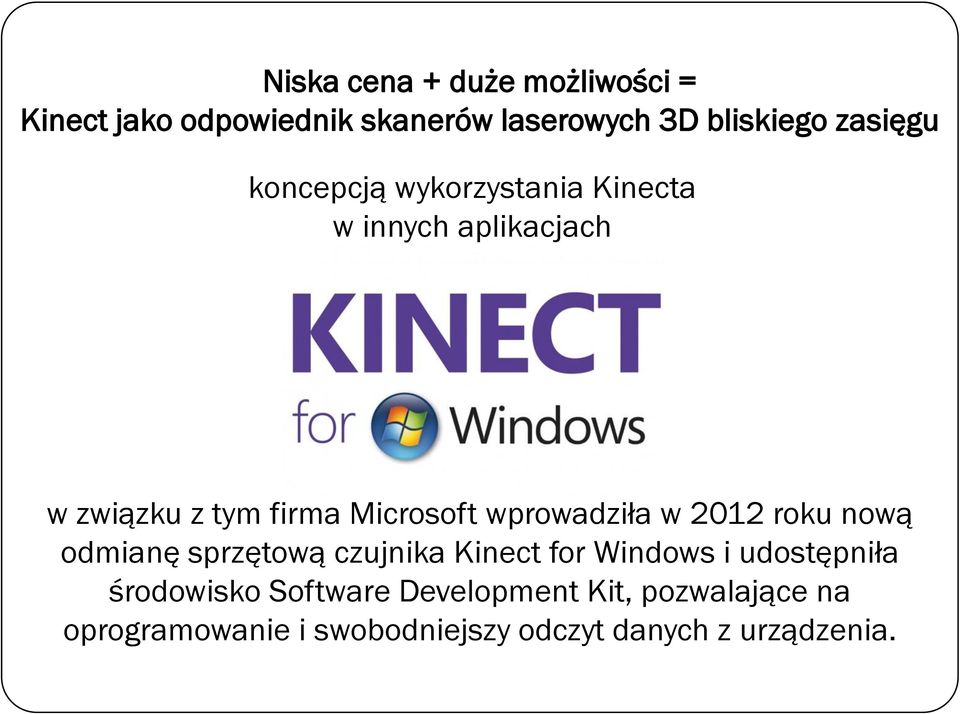 wprowadziła w 2012 roku nową odmianę sprzętową czujnika Kinect for Windows i udostępniła