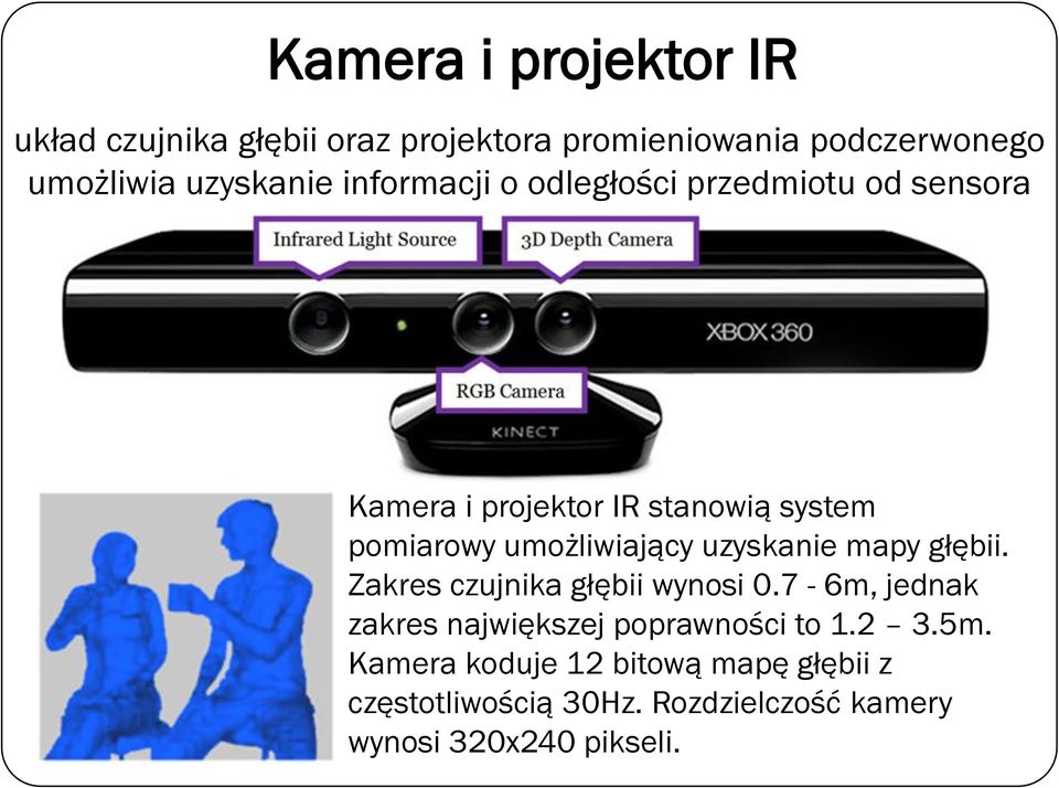 uzyskanie mapy głębii. Zakres czujnika głębii wynosi 0.7-6m, jednak zakres największej poprawności to 1.2 3.