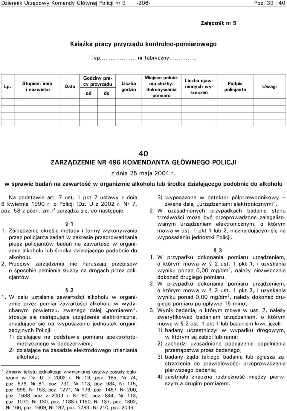 KOMENDANTA GŁÓWNEGO POLICJI z dnia 25 maja 2004 r. w sprawie badań na zawartość w organizmie alkoholu lub środka działającego podobnie do alkoholu Na podstawie art. 7 ust.