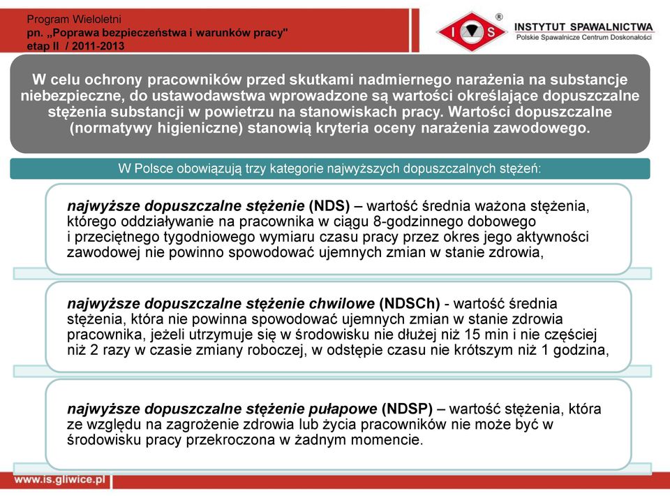 W Polsce obowiązują trzy kategorie najwyższych dopuszczalnych stężeń: najwyższe dopuszczalne stężenie (NDS) wartość średnia ważona stężenia, którego oddziaływanie na pracownika w ciągu 8-godzinnego