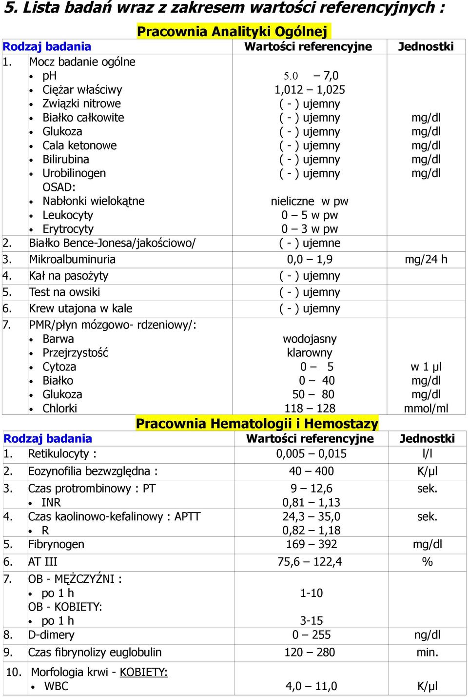 0 7,0 1,012 1,025 nieliczne w pw 0 5 w pw 0 3 w pw 2. Białko Bence-Jonesa/jakościowo/ ( - ) ujemne 3. Mikroalbuminuria 0,0 1,9 mg/24 h 4. Kał na pasożyty 5. Test na owsiki 6. Krew utajona w kale 7.