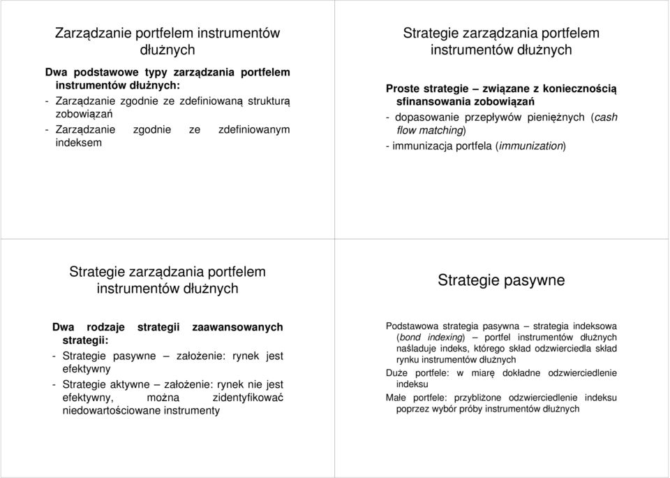 matching) - immunizacja portfela (immunization) Strategie zarządzania portfelem instrumentów dłużnych Strategie pasywne Dwa rodzaje strategii zaawansowanych strategii: - Strategie pasywne założenie: