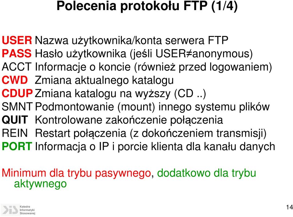 .) SMNT Podmontowanie (mount) innego systemu plików QUIT Kontrolowane zakończenie połączenia REIN Restart połączenia (z