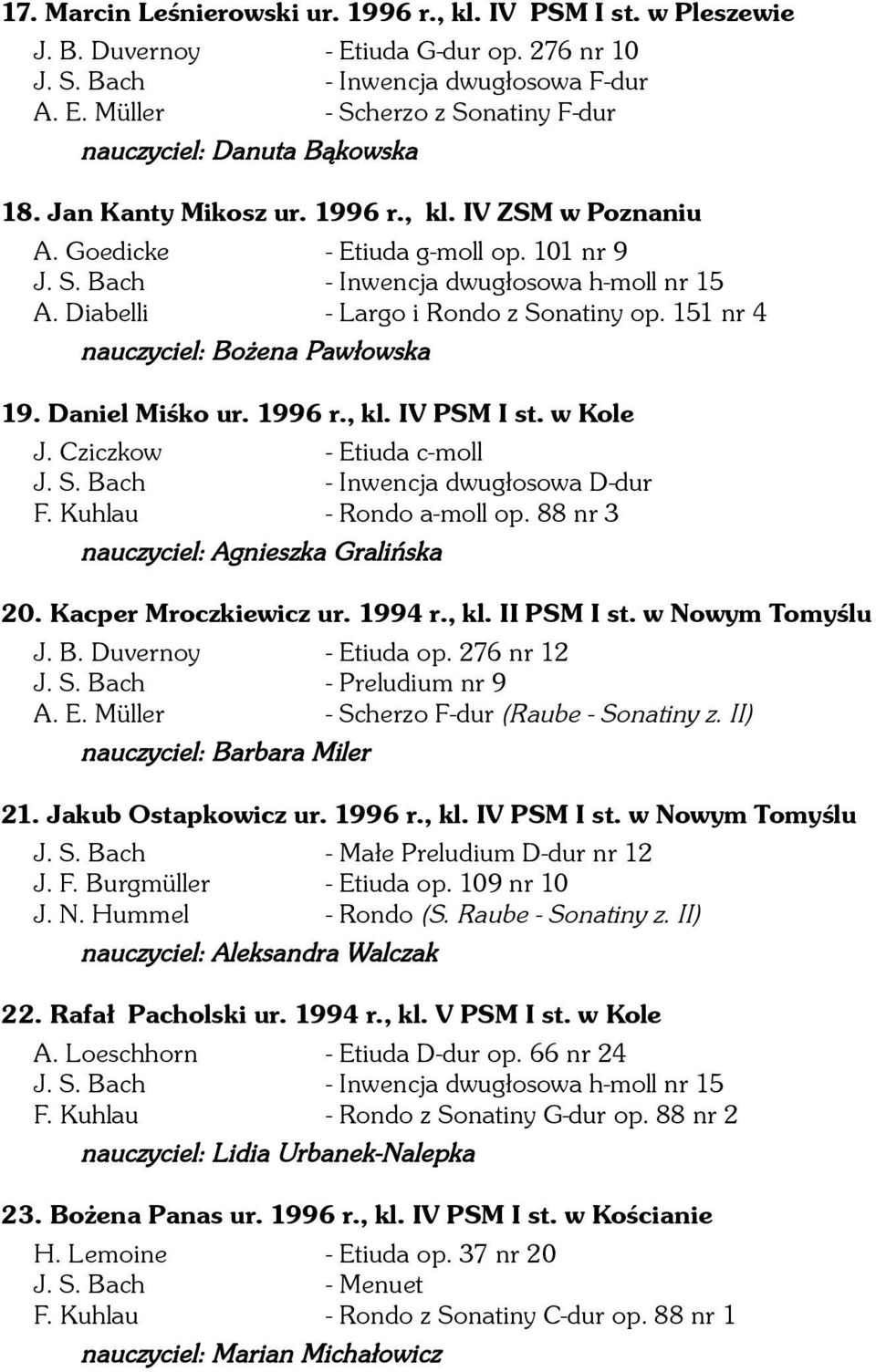 151 nr 4 nauczyciel: Bożena Pawłowska 19. Daniel Miśko ur. 1996 r., kl. IV PSM I st. w Kole J. Cziczkow - Etiuda c-moll J. S. Bach - Inwencja dwugłosowa D-dur F. Kuhlau - Rondo a-moll op.