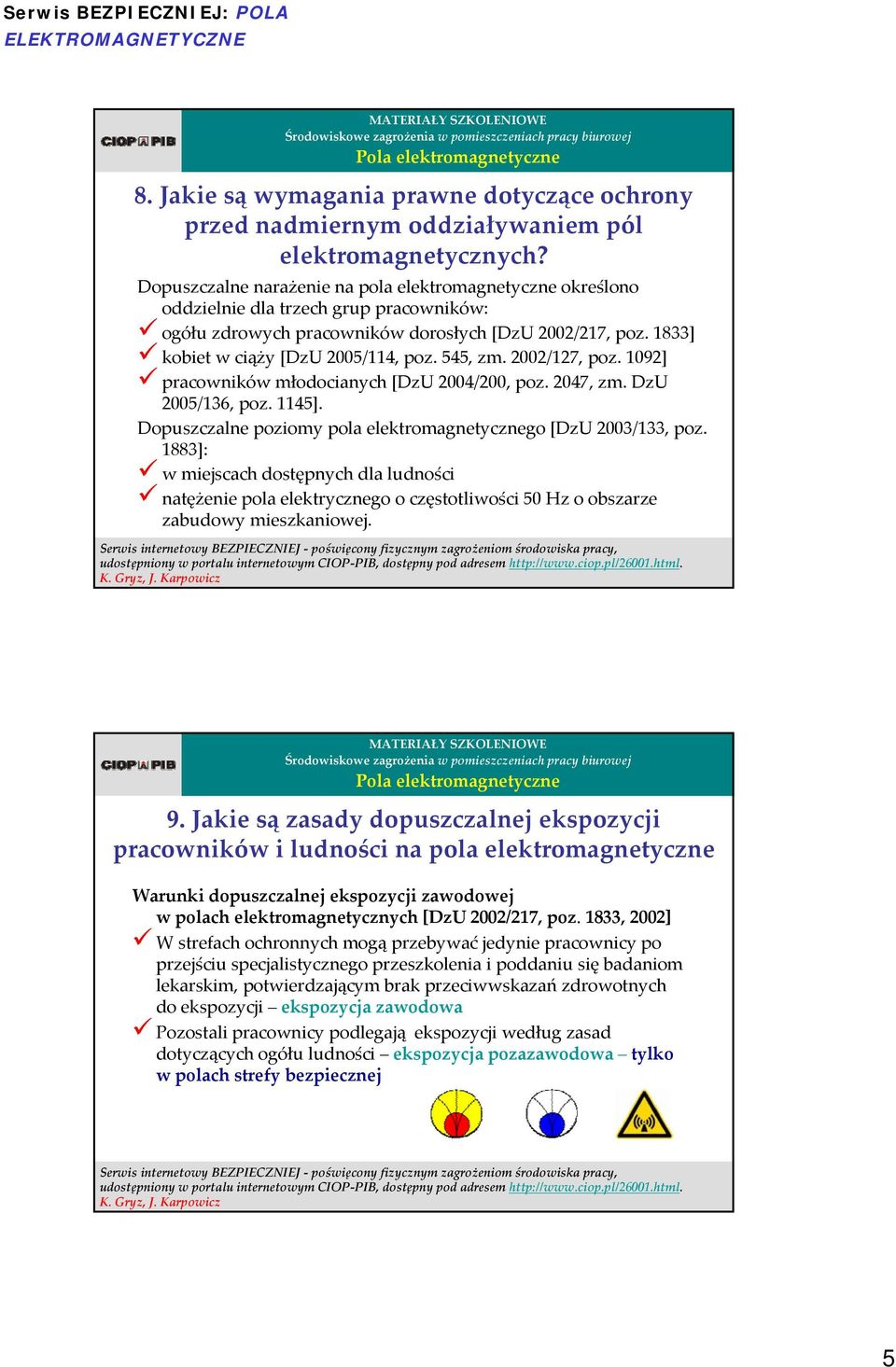 545, zm. 2002/127, poz. 1092] pracowników młodocianych [DzU 2004/200, poz. 2047, zm. DzU 2005/136, poz. 1145]. Dopuszczalne poziomy pola elektromagnetycznego [DzU 2003/133, poz.