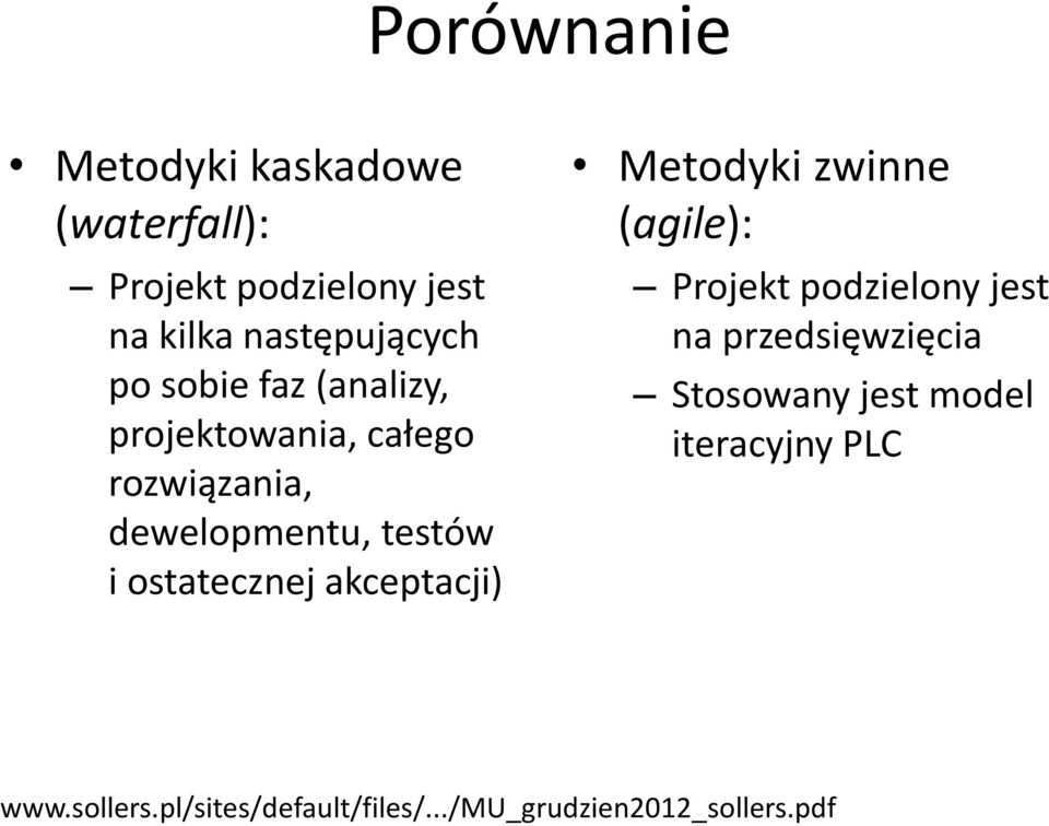 ostatecznej akceptacji) Metodyki zwinne (agile): Projekt podzielony jest na przedsięwzięcia