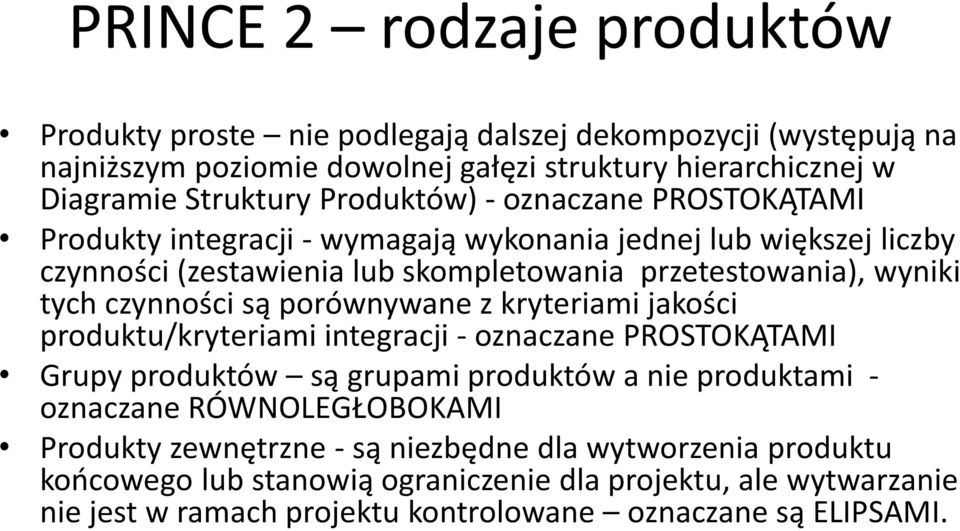 czynności są porównywane z kryteriami jakości produktu/kryteriami integracji - oznaczane PROSTOKĄTAMI Grupy produktów są grupami produktów a nie produktami - oznaczane