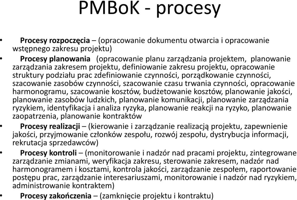 czynności, opracowanie harmonogramu, szacowanie kosztów, budżetowanie kosztów, planowanie jakości, planowanie zasobów ludzkich, planowanie komunikacji, planowanie zarządzania ryzykiem, identyfikacja