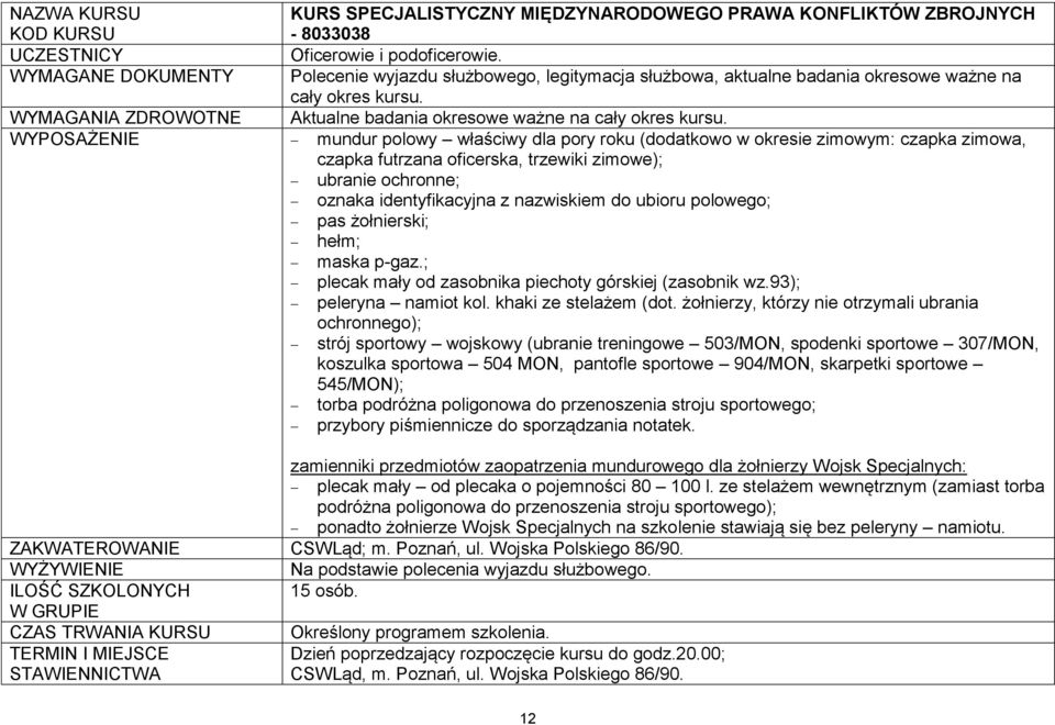 WYPOSAŻENIE mundur polowy właściwy dla pory roku (dodatkowo w okresie zimowym: czapka zimowa, czapka futrzana oficerska, trzewiki zimowe); ubranie ochronne; oznaka identyfikacyjna z nazwiskiem do