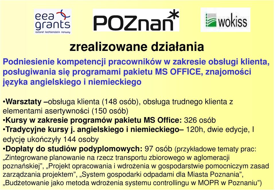 angielskiego i niemieckiego 120h, dwie edycje, I edycję ukończyły 144 osoby Dopłaty do studiów podyplomowych: 97 osób (przykładowe tematy prac: Zintegrowane planowanie na rzecz transportu zbiorowego