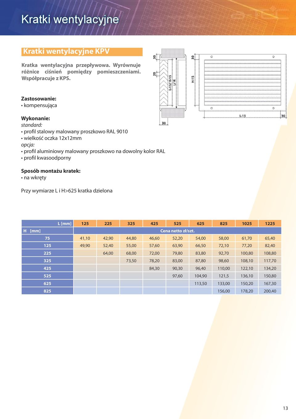 montażu kratek: na wkręty Przy wymiarze L i H>625 kratka dzielona L [mm] 125 225 325 425 525 625 825 1025 1225 75 41,10 42,90 44,80 46,60 52,20 54,00 58,00 61,70 65,40 125 49,90 52,40 55,00 57,60