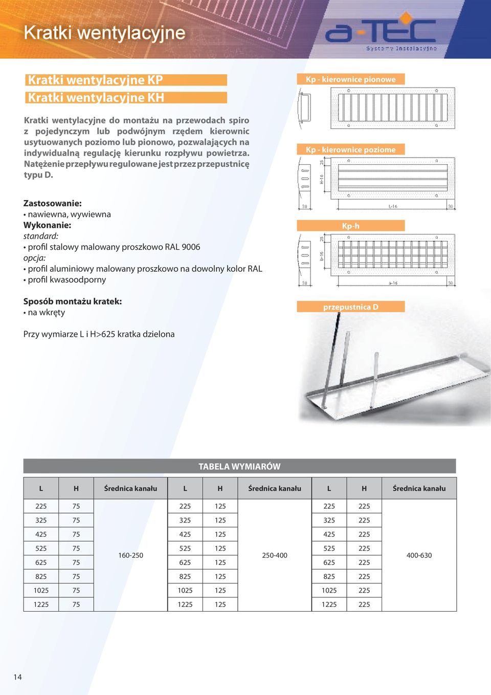 Kp - kierownice pionowe Kp - kierownice poziome Zastosowanie: nawiewna, wywiewna standard: profil stalowy malowany proszkowo RAL 9006 opcja: profil aluminiowy malowany proszkowo na dowolny kolor RAL