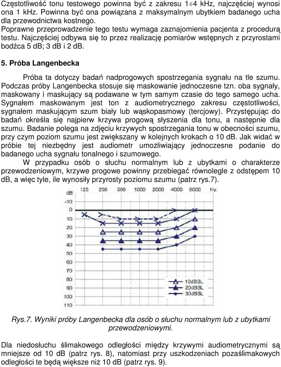 db; 3 db i 2 db. 5. Próba Langenbecka Próba ta dotyczy badań nadprogowych spostrzegania sygnału na tle szumu. Podczas próby Langenbecka stosuje się maskowanie jednoczesne tzn.