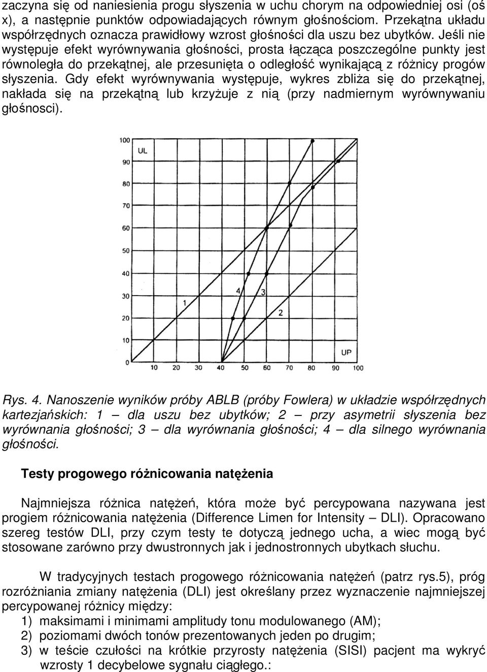 Jeśli nie występuje efekt wyrównywania głośności, prosta łącząca poszczególne punkty jest równoległa do przekątnej, ale przesunięta o odległość wynikającą z róŝnicy progów słyszenia.